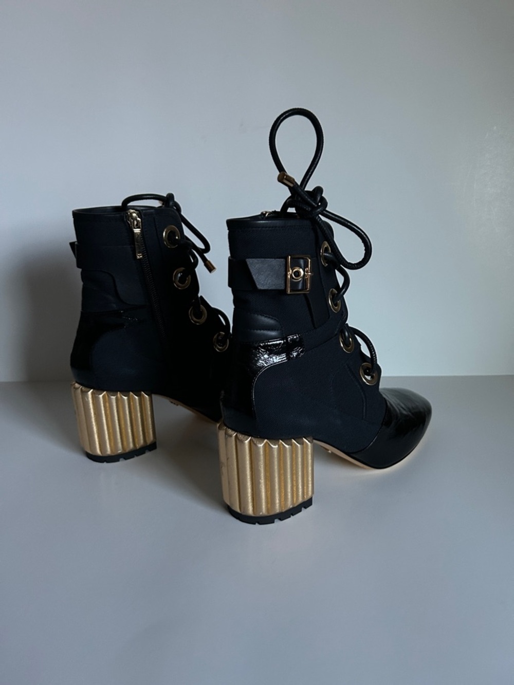 Dior Black Lace-Up Ankle Boots with Gold Ribbed Block Heel - Picture 4 of 6